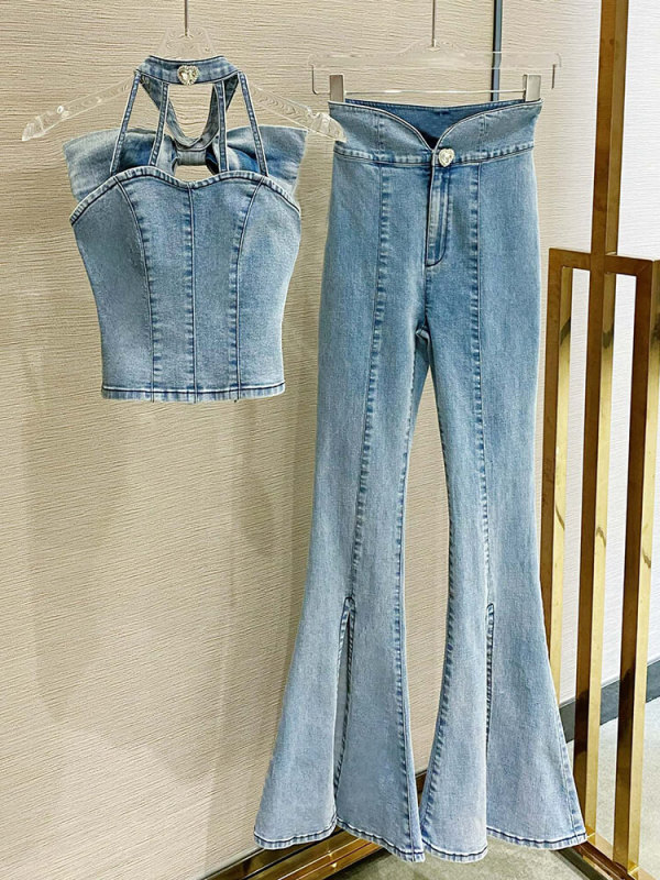 TWOTWINSTYLE Denim Two Piece Sets For Women Halter Sleeveless Tops High Waist Split Wide Leg Pants Patchwork  Female 2023 New