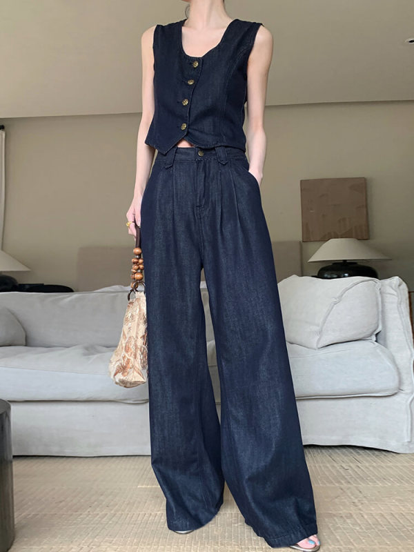 TWOTWINSTYLE Slim  Solid Two Peice Sets Of Women Round Neck Sleeveless Tops High Waist  Wide Leg Pants Female 2023 News