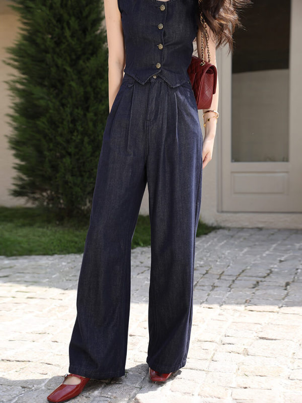 TWOTWINSTYLE Slim  Solid Two Peice Sets Of Women Round Neck Sleeveless Tops High Waist  Wide Leg Pants Female 2023 News