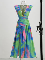 TWOTWINSTYLE  Slim Print Dresses For Women V Neck   Sleeveless High Waist  Rainbow  Asymmetrical   Female Clothing  Fashion New