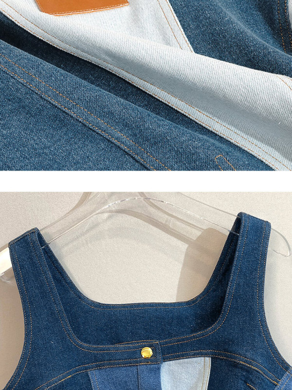 TWOTWINSTYLE Denim Tank Tops For Women Square Collar Sleeveless Tunic Patchwork Button Split Off Shoulder 2023 New