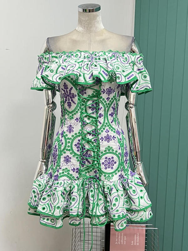 TWOTWINSTYLE Off Shoulder Summer Mini  Dresses For Women Slash Neck Butterfly Sleeve  High Waist Hit Color Patchwork Female New