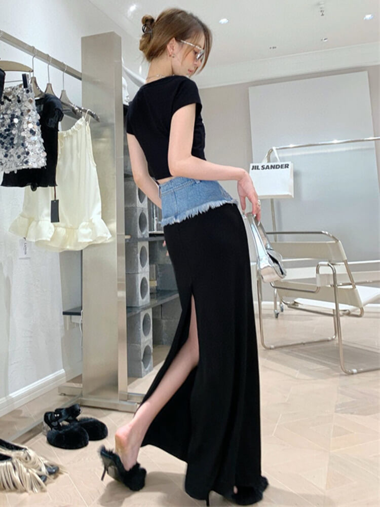 TWOTWINSTYLE Hot Color  Skirts For Women High Waist Patchwork Pocket Casual  Loose  Spicied  Denim Skirt  Female Clothing  News