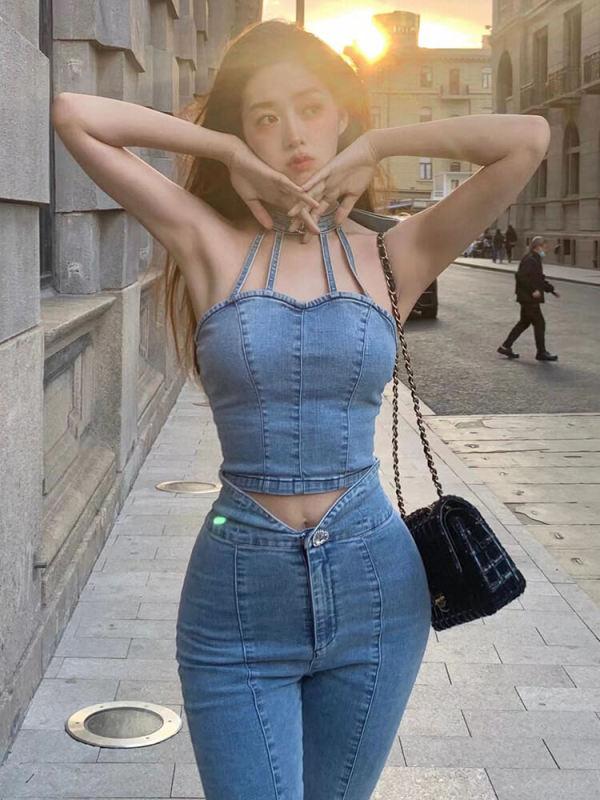 TWOTWINSTYLE Denim Two Piece Sets For Women Halter Sleeveless Tops High Waist Split Wide Leg Pants Patchwork  Female 2023 New
