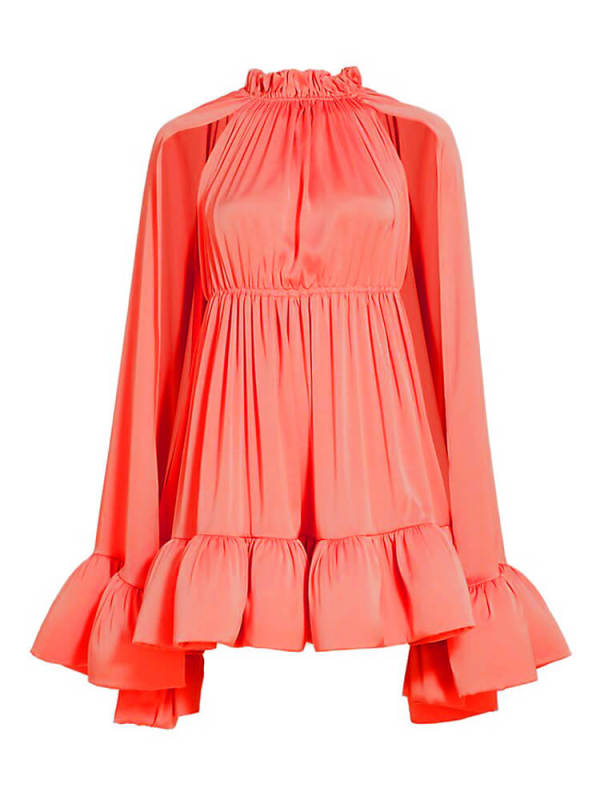 TWOTWINSTYLE Solid mini Dresses for Womens Stand Collar Folds  Cloak Sleeves  High Waist  Female Dress Fashion 2023 News Summer