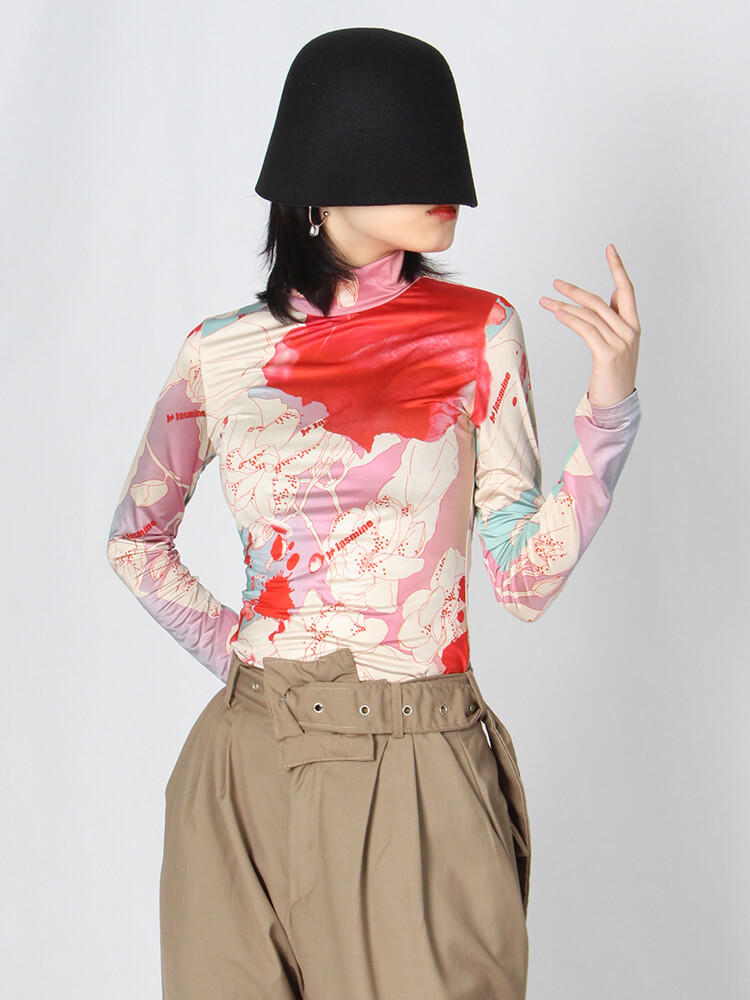 TWOTWINSTYLE Skinny Print Colorblock T Shirt For Women Turtleneck Long Sleeve Casual T Shirts Female Spring Fashion Clothing