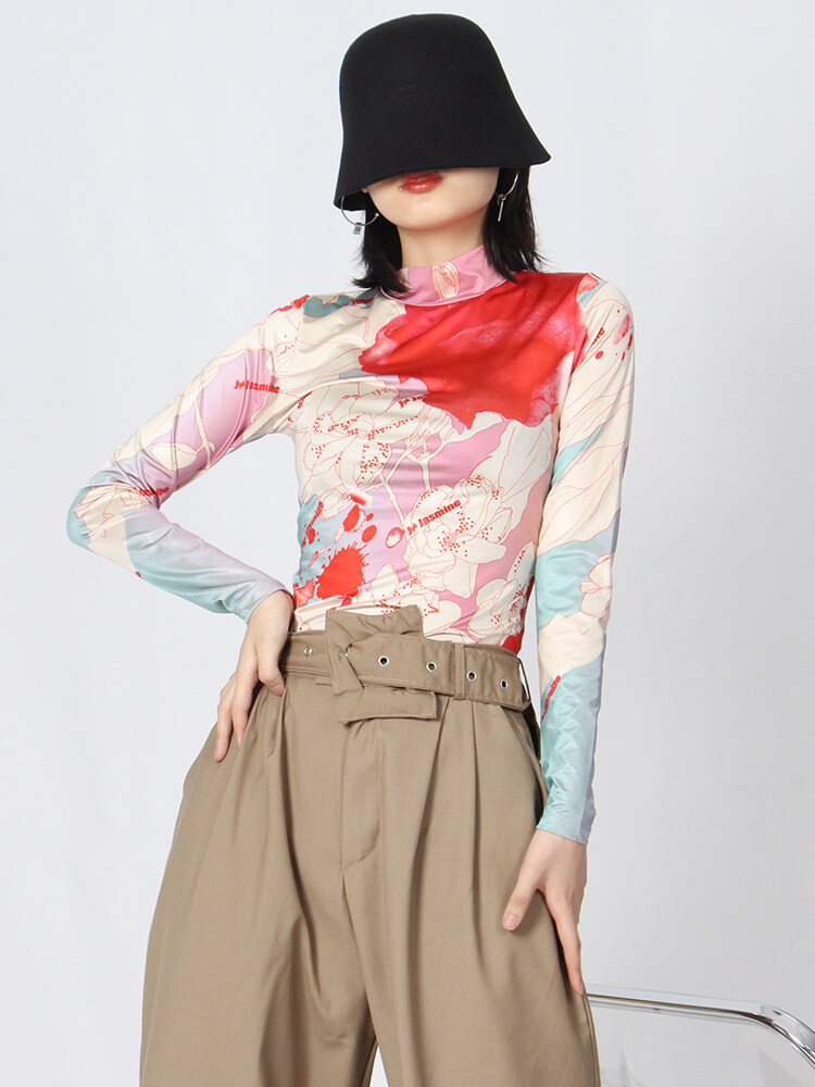 TWOTWINSTYLE Skinny Print Colorblock T Shirt For Women Turtleneck Long Sleeve Casual T Shirts Female Spring Fashion Clothing