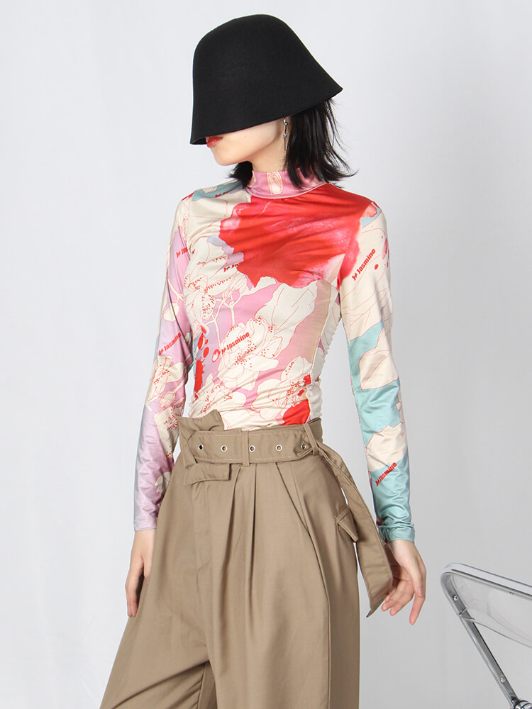 TWOTWINSTYLE Skinny Print Colorblock T Shirt For Women Turtleneck Long Sleeve Casual T Shirts Female Spring Fashion Clothing