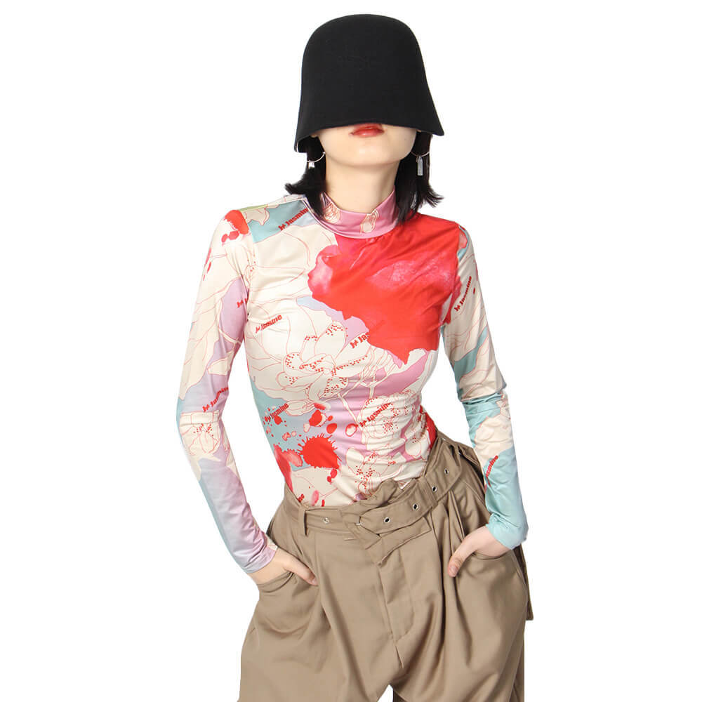 TWOTWINSTYLE Skinny Print Colorblock T Shirt For Women Turtleneck Long Sleeve Casual T Shirts Female Spring Fashion Clothing