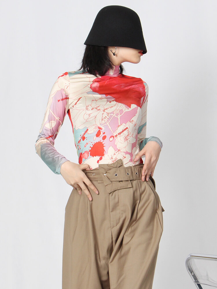 TWOTWINSTYLE Skinny Print Colorblock T Shirt For Women Turtleneck Long Sleeve Casual T Shirts Female Spring Fashion Clothing