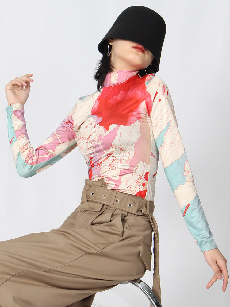 TWOTWINSTYLE Skinny Print Colorblock T Shirt For Women Turtleneck Long Sleeve Casual T Shirts Female Spring Fashion Clothing
