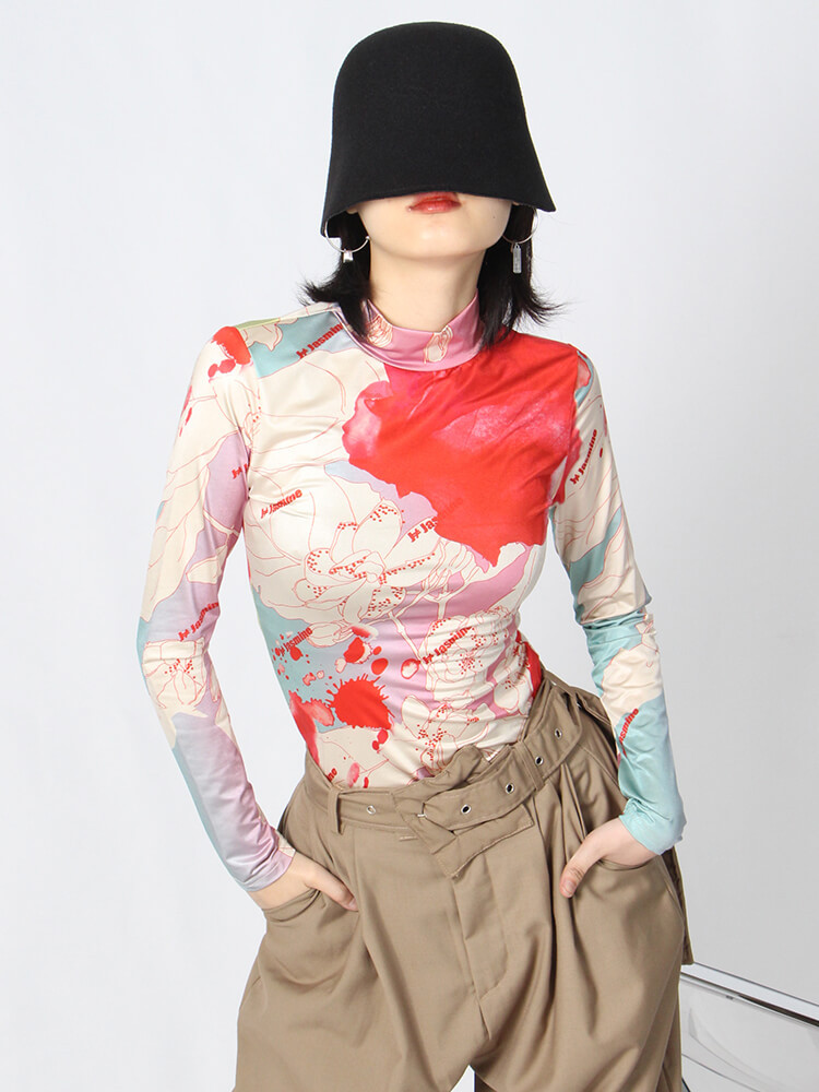 TWOTWINSTYLE Skinny Print Colorblock T Shirt For Women Turtleneck Long Sleeve Casual T Shirts Female Spring Fashion Clothing