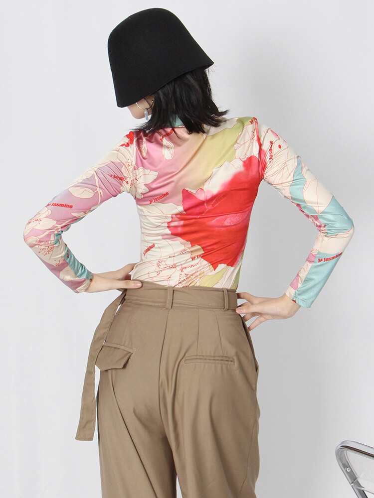 TWOTWINSTYLE Skinny Print Colorblock T Shirt For Women Turtleneck Long Sleeve Casual T Shirts Female Spring Fashion Clothing