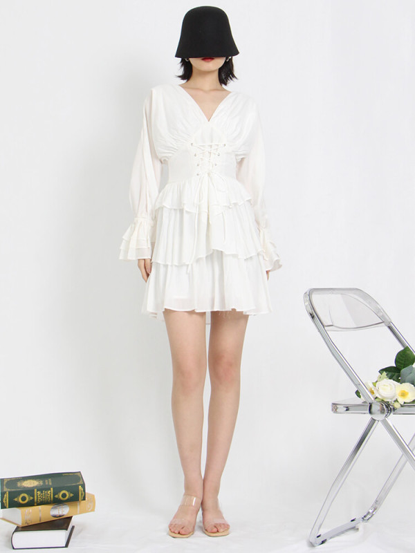 TWOTWINSTYLE Solid  Dress For Women V Neck Long Sleeve High Waist Bandage Tunic Korean Fashion Mini Dresses Female Clothing
