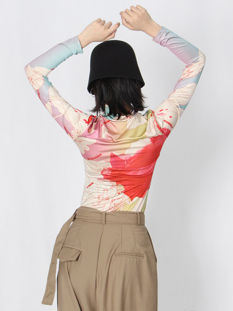 TWOTWINSTYLE Skinny Print Colorblock T Shirt For Women Turtleneck Long Sleeve Casual T Shirts Female Spring Fashion Clothing