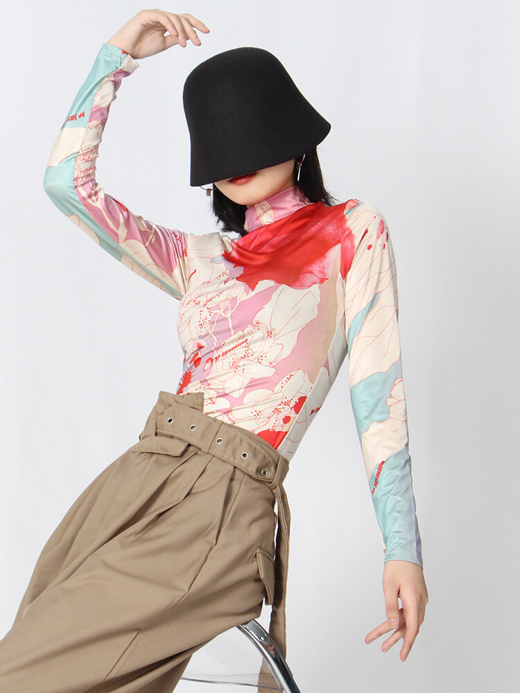 TWOTWINSTYLE Skinny Print Colorblock T Shirt For Women Turtleneck Long Sleeve Casual T Shirts Female Spring Fashion Clothing