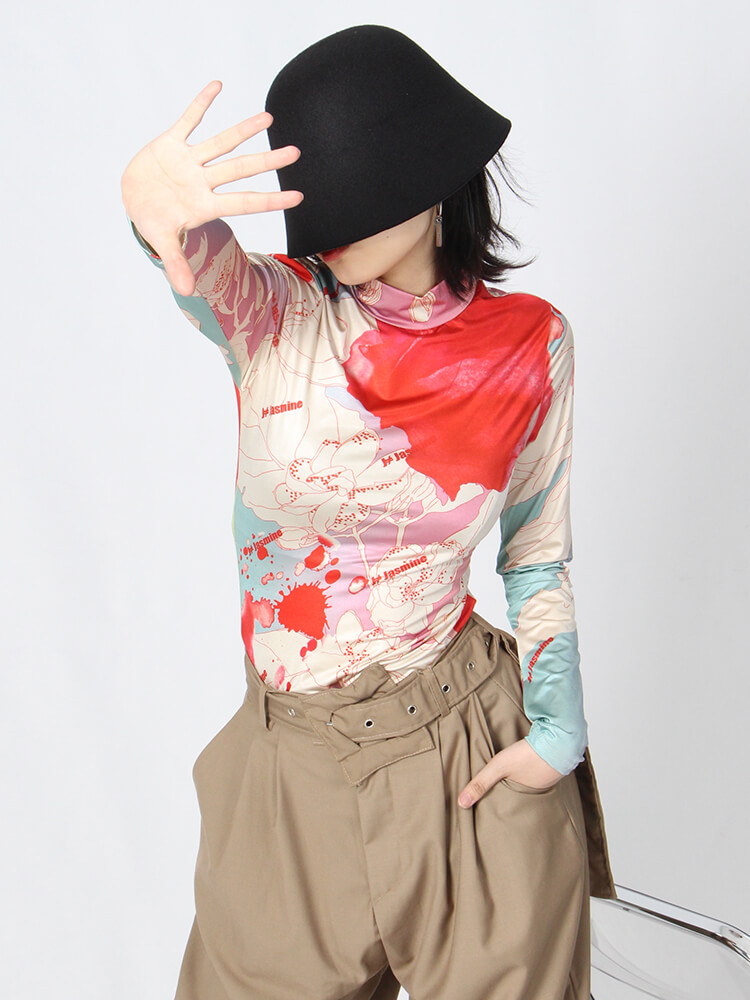 TWOTWINSTYLE Skinny Print Colorblock T Shirt For Women Turtleneck Long Sleeve Casual T Shirts Female Spring Fashion Clothing