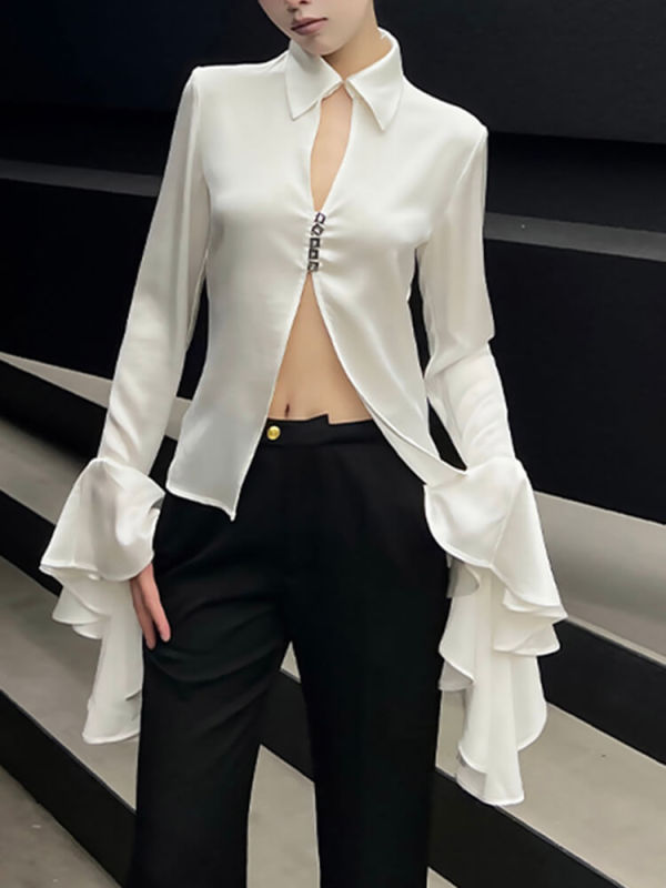 TWOTWINSTYLE Spliced Metal Buckle Shirt For Women Lapel Butterfly Sleeve Hollow Out Solid Elegant Blouse Female Fashion Clothing
