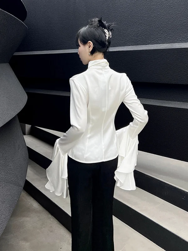 TWOTWINSTYLE Spliced Metal Buckle Shirt For Women Lapel Butterfly Sleeve Hollow Out Solid Elegant Blouse Female Fashion Clothing