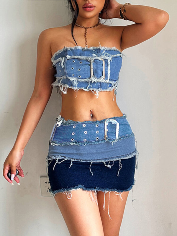 TWOTWINSTYLE Sexy Denim Two Piece Sets For Women Strapless Off Shoulder Tops High Waist  Bodycon Mini Skirt Summer Set Female