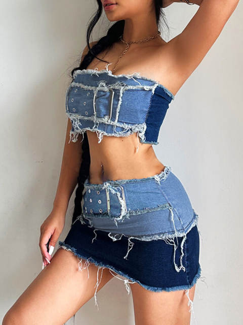 TWOTWINSTYLE Sexy Denim Two Piece Sets For Women Strapless Off Shoulder Tops High Waist  Bodycon Mini Skirt Summer Set Female