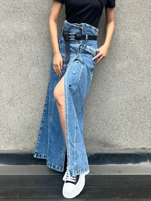 TWOTWINSTYLE Patchwork Solid Skirts For Women High Waist Split Summer A line  Belt Temperament Skirt Famle Clothing   News 2023