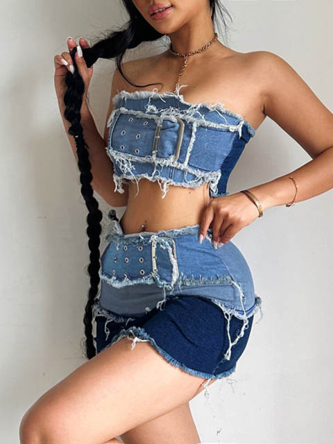 TWOTWINSTYLE Sexy Denim Two Piece Sets For Women Strapless Off Shoulder Tops High Waist  Bodycon Mini Skirt Summer Set Female