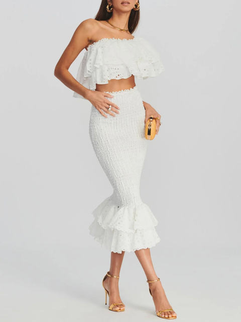 TWOTWINSTYLE Ruffle Trim Two Piece Set Womens Skew Collar Off Shoulder Short Tops High Waist Midi Skirts Female Sets Fashion New