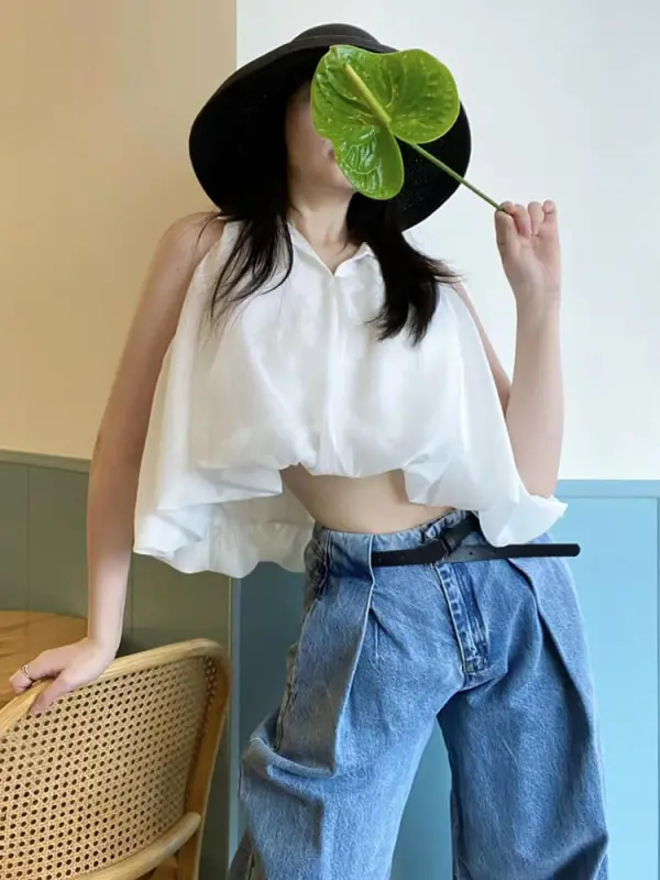 TWOTWINSTYLE Solid Loose Shirts For Women Lapel Sleeveless Folds Summer Casual Temperament Blouse Female Fashion Clothing New