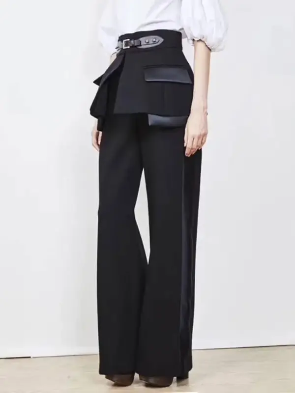 TWOTWINSTYLE Minimalist Pockets Belt Pants For Women  High Waist  Spliced  Wide Leg Pants Streetwear  Solid Trousers Famle 2023