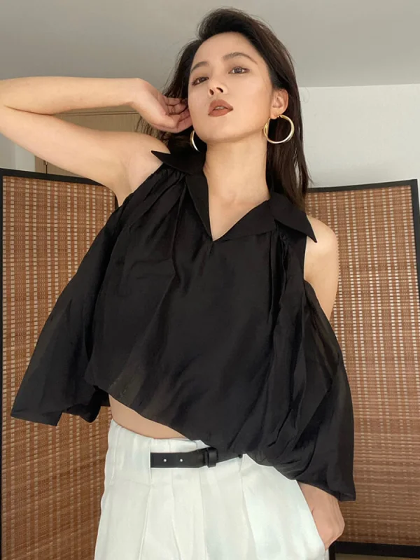 TWOTWINSTYLE Solid Loose Shirts For Women Lapel Sleeveless Folds Summer Casual Temperament Blouse Female Fashion Clothing New