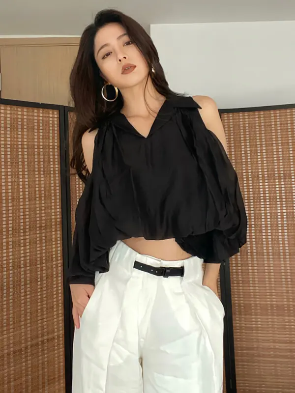 TWOTWINSTYLE Solid Loose Shirts For Women Lapel Sleeveless Folds Summer Casual Temperament Blouse Female Fashion Clothing New