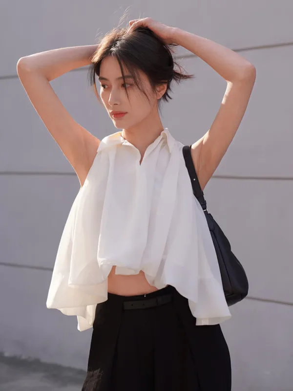 TWOTWINSTYLE Solid Loose Shirts For Women Lapel Sleeveless Folds Summer Casual Temperament Blouse Female Fashion Clothing New