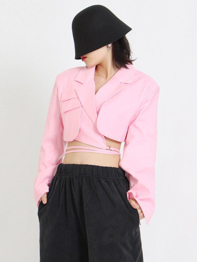 TWOTWINSTYLE Pocket  Cut Out Blazer For Women Notched Collar Flare Sleeve Bandage  Solid Blazers Female Fashion Clothing  New