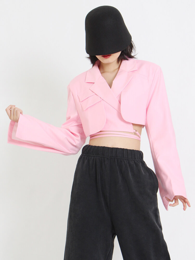 TWOTWINSTYLE Pocket  Cut Out Blazer For Women Notched Collar Flare Sleeve Bandage  Solid Blazers Female Fashion Clothing  New