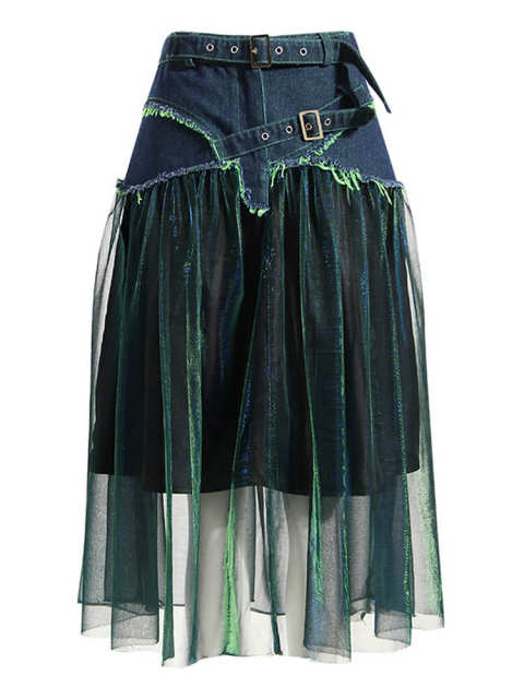 TWOTWINSTYLE Patchwork Denim Mesh Skirts For Women High Waist A Line Summer Loose Casual  Dress Famle Fashion Clothing New 2023