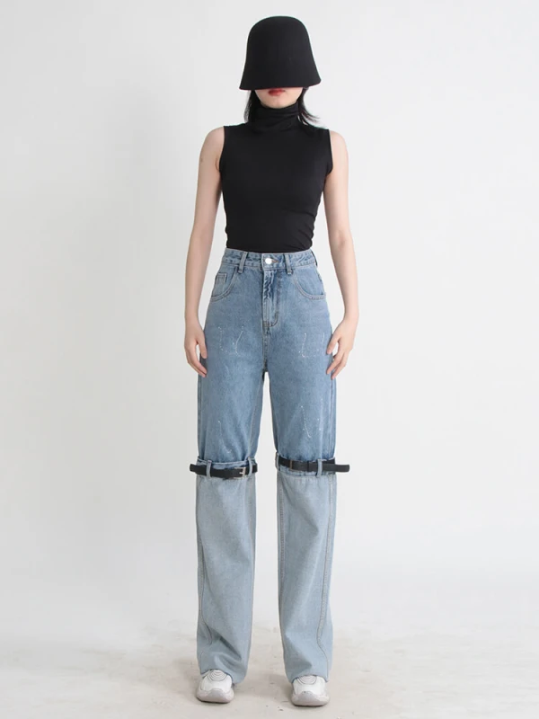 TWOTWINSTYLE Button Denim Belt Jeans For Women High Waist Colorblock Wide Leg Pants Patchwork  Female Summer 2023 Clothing News