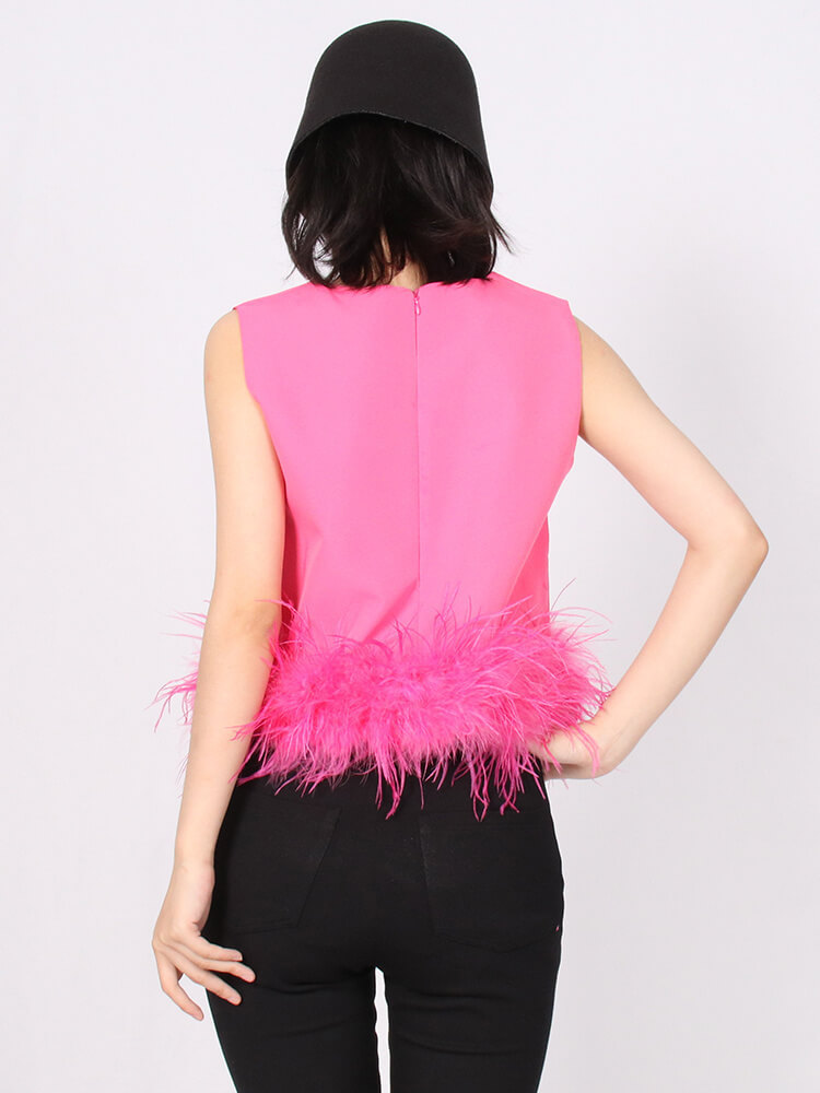 TWOTWINSTYLE Patchwork Feathers Tank Tops For Women Round Neck Sleeveless Temperament Short Tank Top Female Clothing Style New