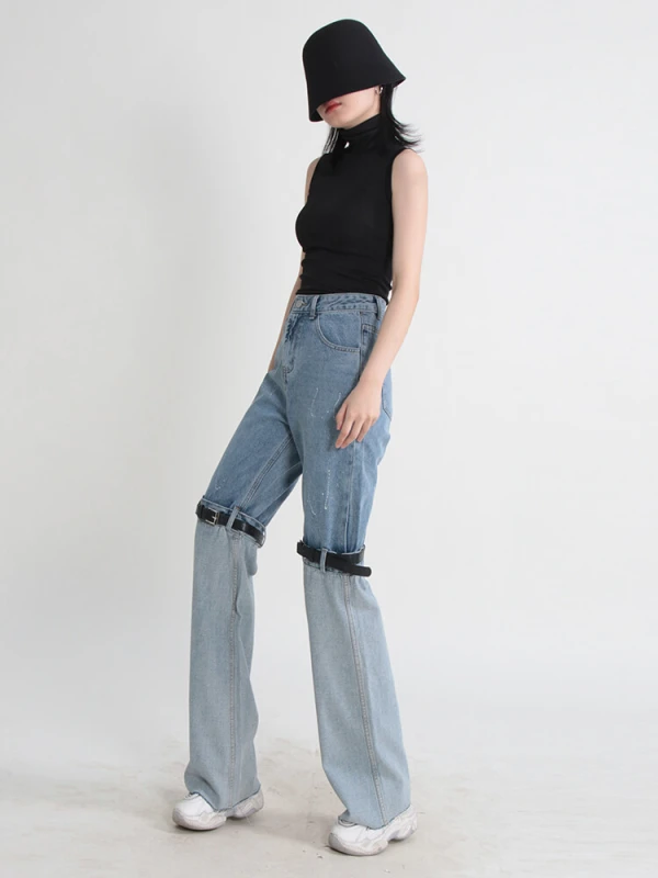 TWOTWINSTYLE Button Denim Belt Jeans For Women High Waist Colorblock Wide Leg Pants Patchwork  Female Summer 2023 Clothing News