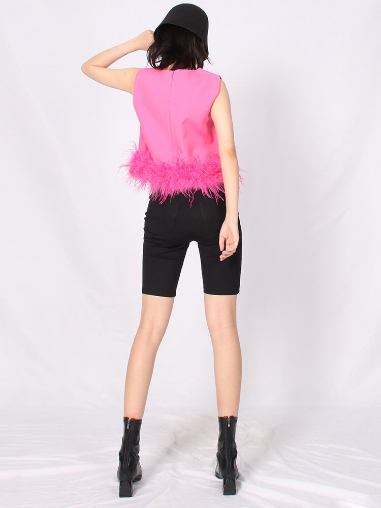 TWOTWINSTYLE Patchwork Feathers Tank Tops For Women Round Neck Sleeveless Temperament Short Tank Top Female Clothing Style New