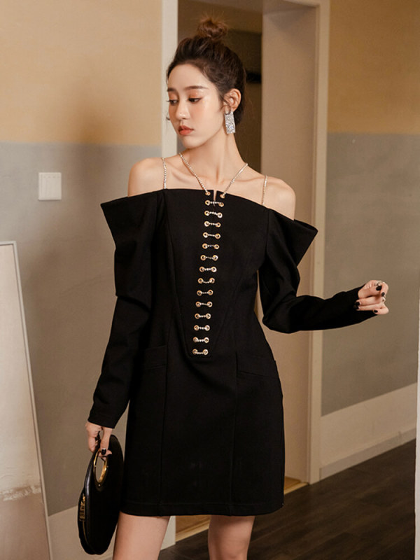 TWOTWINSTYLE Solid Patchwork Chain Dresses For Women Slash Neck Long Sleeve High Waist Elegant Mini Slip Dress Female Fashion 2023