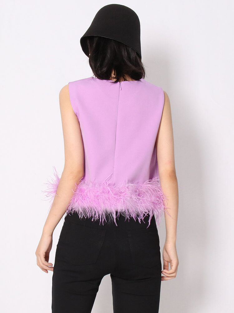 TWOTWINSTYLE Patchwork Feathers Tank Tops For Women Round Neck Sleeveless Temperament Short Tank Top Female Clothing Style New