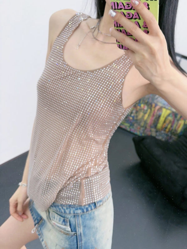 TWOTWINSTYLE Solid Tank Tops For Women Square Collar Sleeveless Patchwork Diamonds Summer Vest Female Fashion Clothing 2023 New