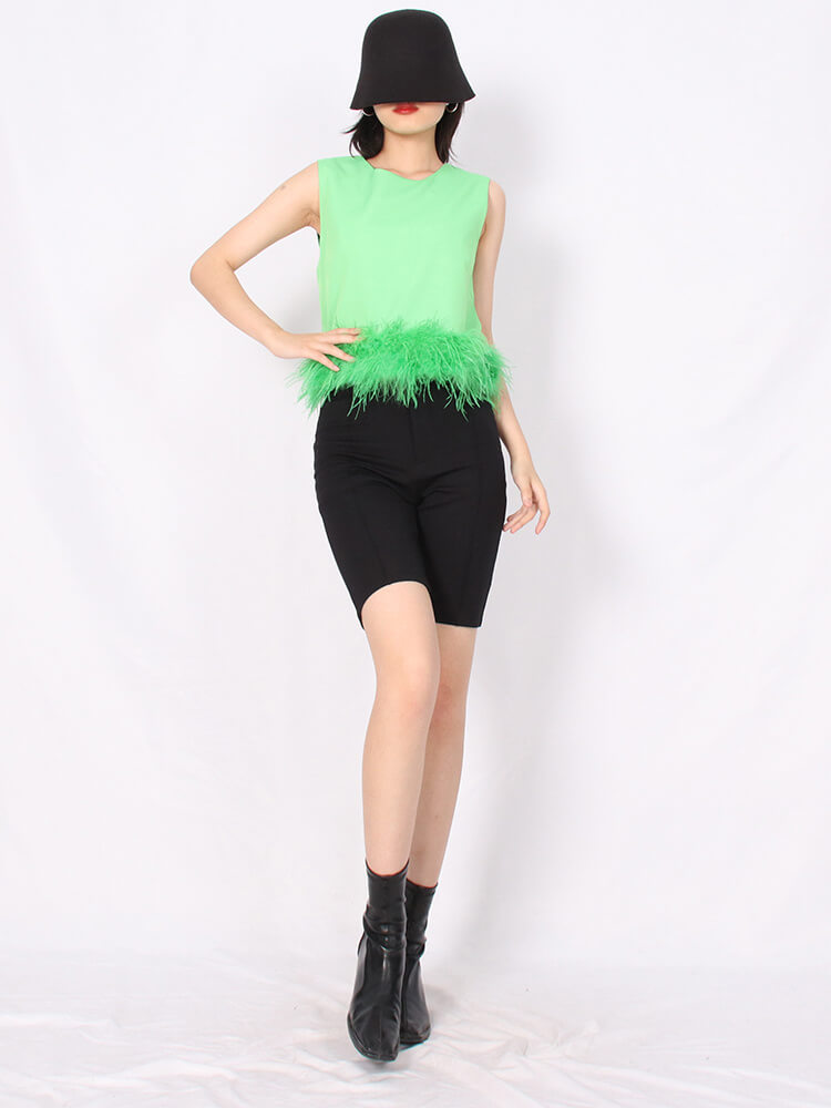 TWOTWINSTYLE Patchwork Feathers Tank Tops For Women Round Neck Sleeveless Temperament Short Tank Top Female Clothing Style New