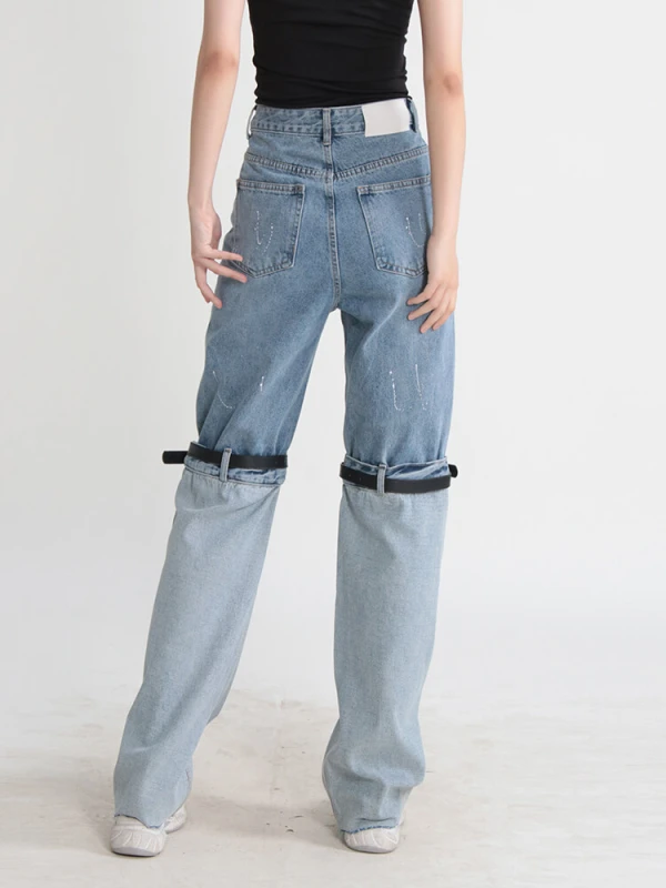 TWOTWINSTYLE Button Denim Belt Jeans For Women High Waist Colorblock Wide Leg Pants Patchwork  Female Summer 2023 Clothing News