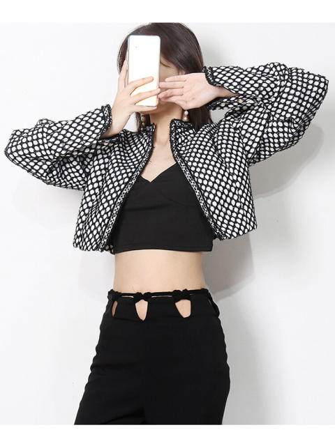 TWOTWINSTYLE Plaid Colorblock Spring Jacket For Women Round Neck Puff Long Sleeve Slim Jackets Female Fashion Clothing Style New