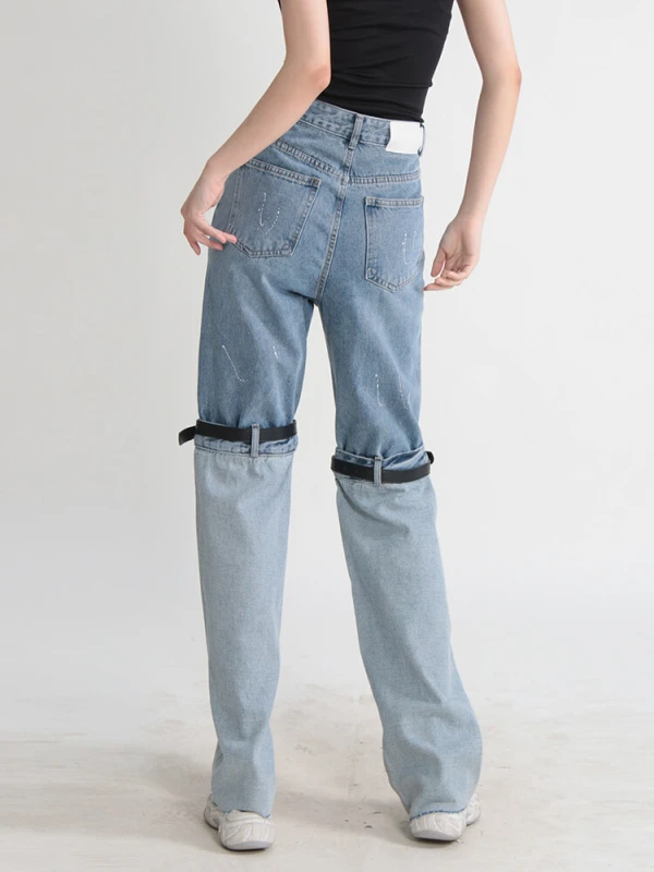 TWOTWINSTYLE Button Denim Belt Jeans For Women High Waist Colorblock Wide Leg Pants Patchwork  Female Summer 2023 Clothing News