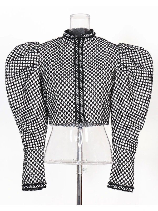 TWOTWINSTYLE Plaid Colorblock Spring Jacket For Women Round Neck Puff Long Sleeve Slim Jackets Female Fashion Clothing Style New