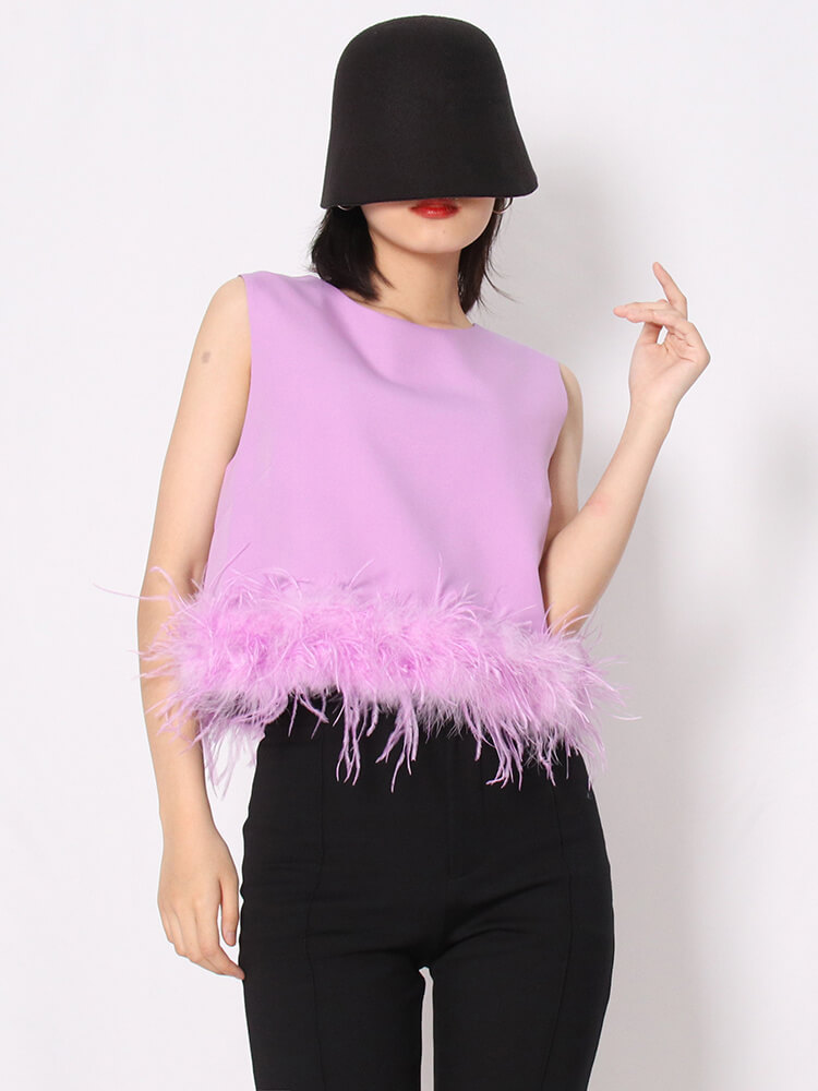 TWOTWINSTYLE Patchwork Feathers Tank Tops For Women Round Neck Sleeveless Temperament Short Tank Top Female Clothing Style New