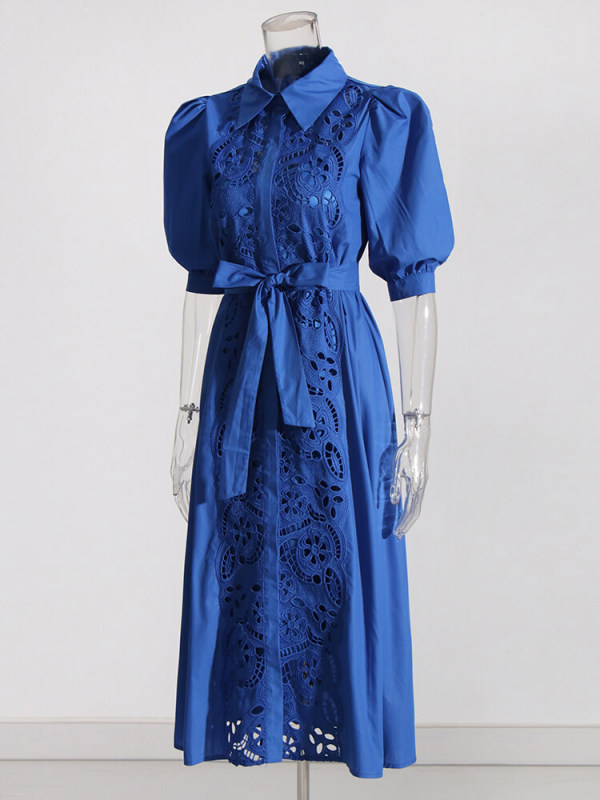 TWOTWINSTYLE Embroidery Elegant Dresses For Women Lapel Short Sleeve High Waist Bandage Hollow Out A Line Midi Dress Female Summer